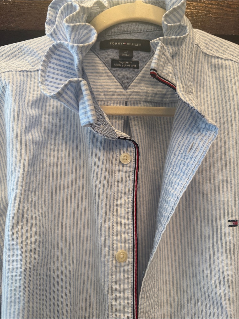 Upcycled Tommy Hilfiger Striped Ruffle-Collar Button-Down Shirt - Picture 2 of 2